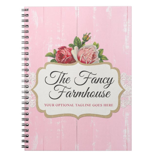 Cuaderno Rosas florales rosados de madera rústicos (Frente)