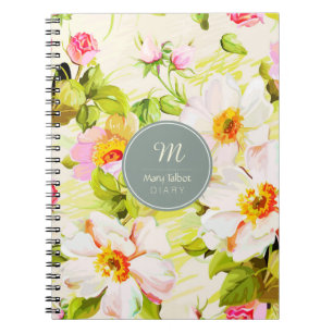 Cuaderno Rosas Florales Vintage Peonies Monograma Nota Diar