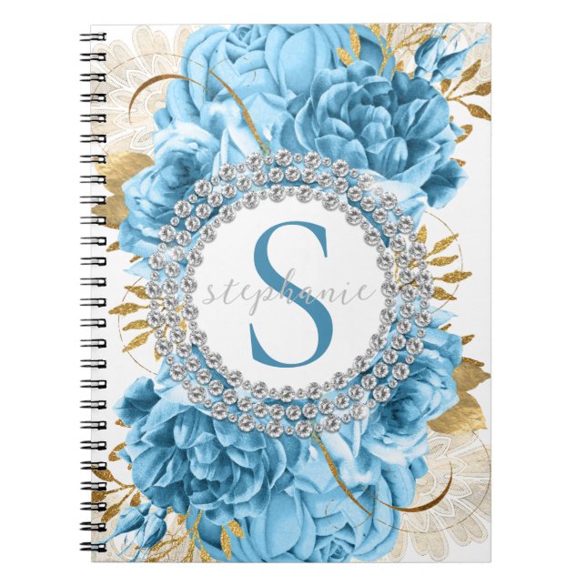 Cuaderno Rosas Gold Blue Monograma Diamantes Lujo Glamoroso (Frente)