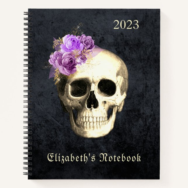 Cuaderno Rosas góticos con cráneo de glam morado personaliz (Anverso)