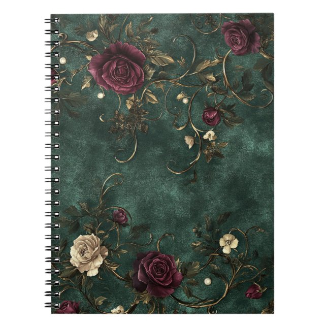 Cuaderno Rosas hermosas con remolinos de oro.  (Frente)