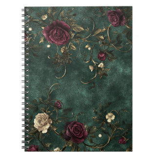 Cuaderno Rosas hermosas con remolinos dorados.