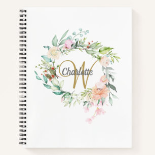 Cuaderno Rosas Monograma de oro floral con guión de gimnasi