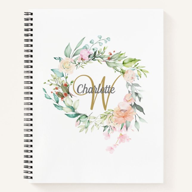 Cuaderno Rosas Monograma de oro floral con guión de gimnasi (Anverso)