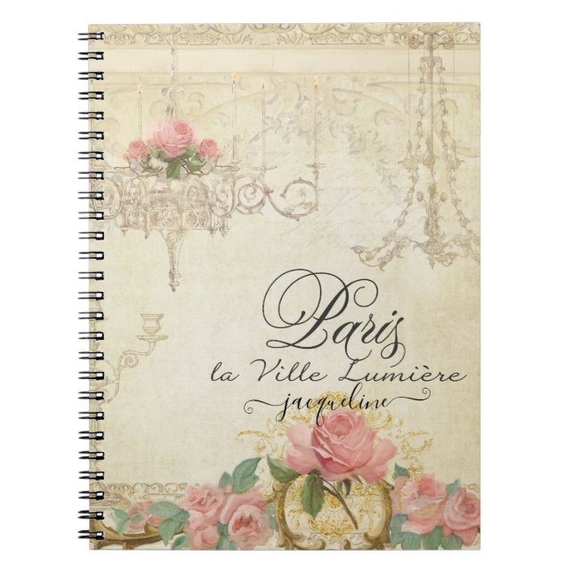 Cuaderno Rosas Paris Chandelier Elegant Script Name (Frente)