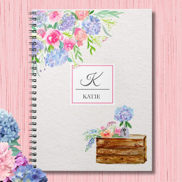 Cuaderno Rosas pastel al agua, monograma de hortensias