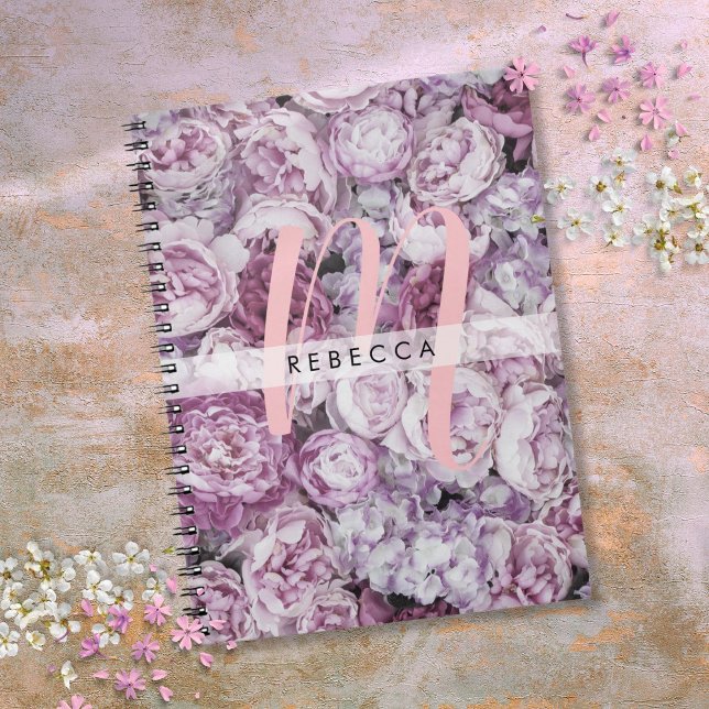 Cuaderno Rosas Peonía Floral Rosa Monograma Script (Peony Roses Floral Pink Script Monogram Notebook)