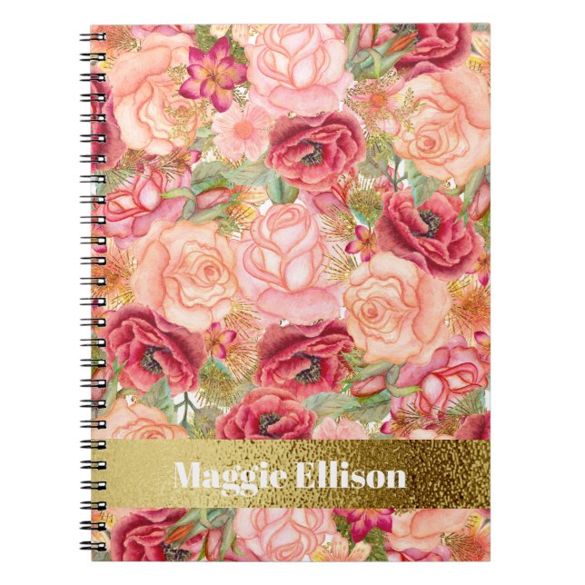 Cuaderno Rosas Personalizadas Flores Rosa Rojo Dorado (Frente)