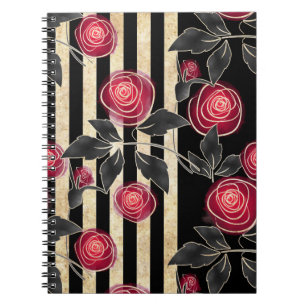 Cuaderno Rosas rojas abstractas flores patrón floral negro 