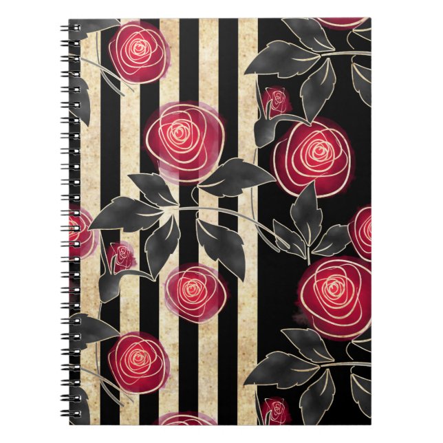 Cuaderno Rosas rojas abstractas flores patrón floral negro  (Frente)