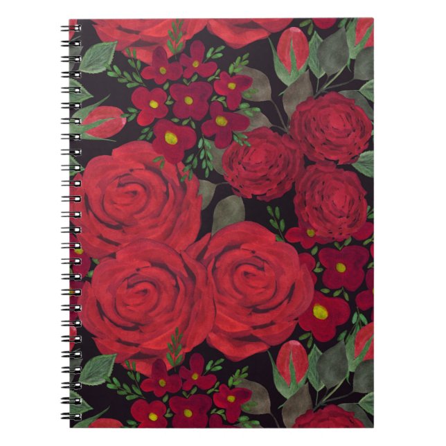 Cuaderno rosas rojas acuarelas sobre negro, (Frente)
