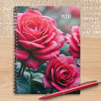 Cuaderno Rosas Rojas Elegante Monograma Floral Encuadernaci