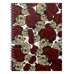 Cuaderno Rosas Rojas y Calaveras Floral Negro Gótico Blanco