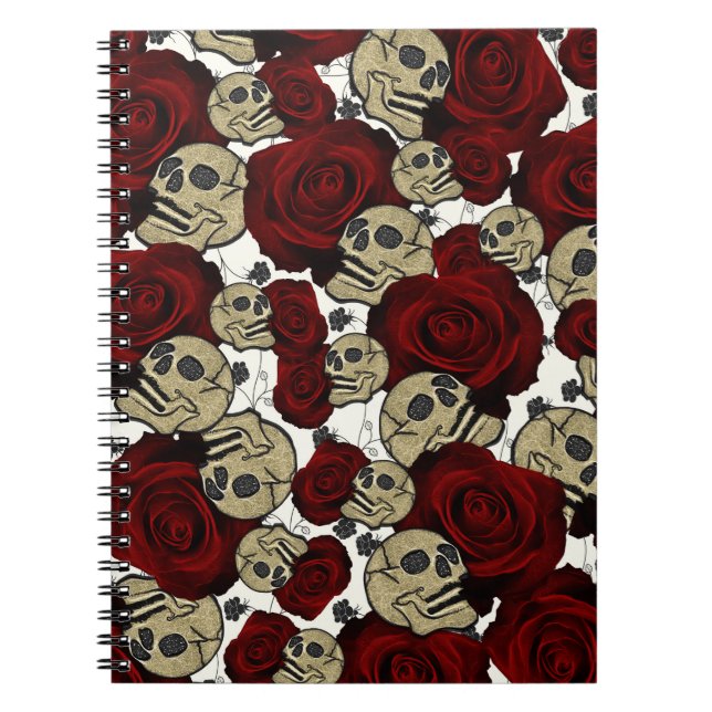 Cuaderno Rosas Rojas y Calaveras Floral Negro Gótico Blanco (Frente)