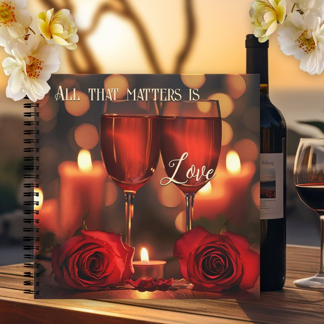 Cuaderno Rosas románticos de vino rojo (A romantic notebook featuring a painting of two glasses of red with roses and candle light)