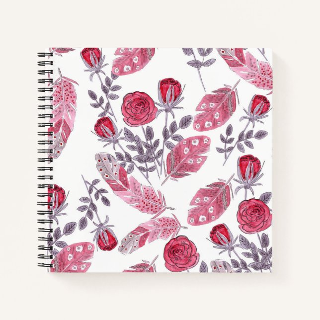 Cuaderno Rosas rosa color de agua plumas blancas (Anverso)
