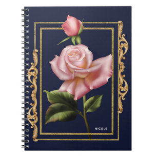 Cuaderno Rosas rosadas azul marino y dorado glamour rústico