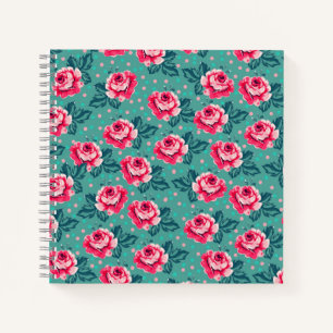 Cuaderno Rosas rosadas bonitas y patrón de lunares en azul 