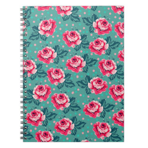Cuaderno Rosas rosadas bonitas y patrón de lunares en azul 