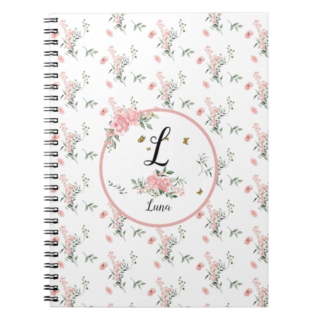 Cuaderno Rosas rosadas elegantes acuarela con mariposas (Frente)