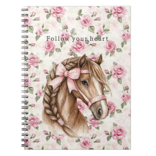 Cuaderno Rosas rosadas florales caballo bonito lazo rosa