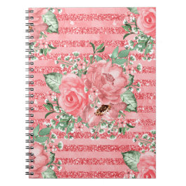 Cuaderno Rosas rosadas florales de acuarela y rayas de bril