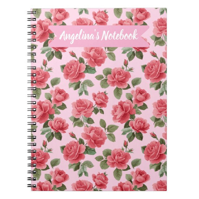 Cuaderno Rosas rosadas románticas patrón botánico personali (Frente)
