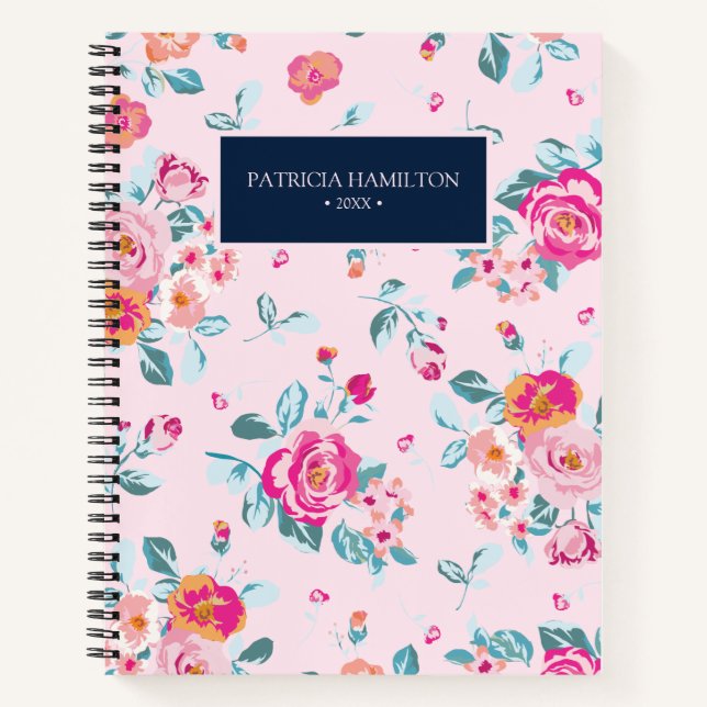 Cuaderno Rosas Rosadas Vibrantes Patrón Floral Sobre Rubor (Anverso)