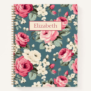 Cuaderno Rosas rosadas vintage sobre azul profundo