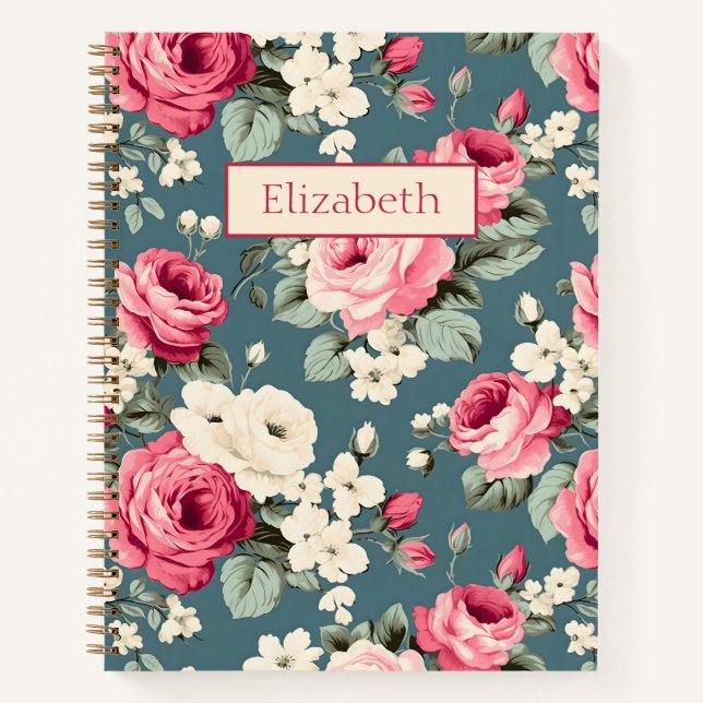 Cuaderno Rosas rosadas vintage sobre azul profundo (Anverso)