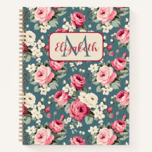 Rosas rosadas vintage sobre monograma azul profund