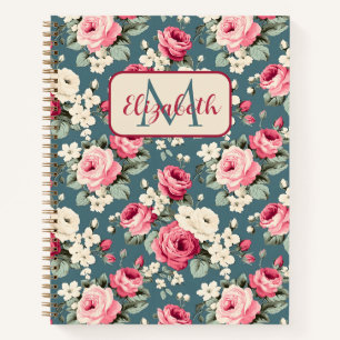 Cuaderno Rosas rosadas vintage sobre monograma azul profund
