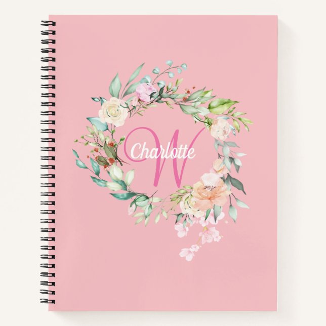 Cuaderno Rosas rosados Monograma Floral Guión Giratorio (Anverso)
