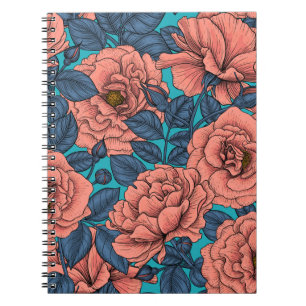 Cuaderno Rosas rosas rosas con hojas azules en azul