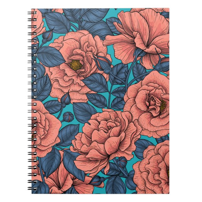 Cuaderno Rosas rosas rosas con hojas azules en azul (Frente)