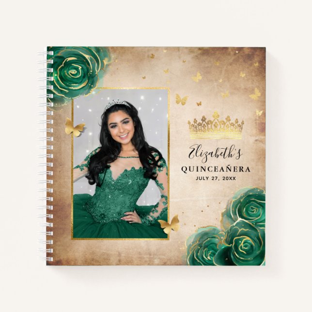 Cuaderno Rosas Verdes Elegante Foto De Quinceanera Invitado (Anverso)