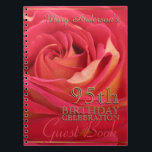 Cuaderno Rose Gold 95th Birthday Celebration Guest Book<br><div class="desc">Floral photograph of a pale red blooming rose with a slight blur for adding softness to the picture. Design on spiral notebook for 95th Birthday Celebration (yellow color dark color to obtain drop shadow) name to customize. You can easily change text (font, color, size and position) by clicking the personalize...</div>