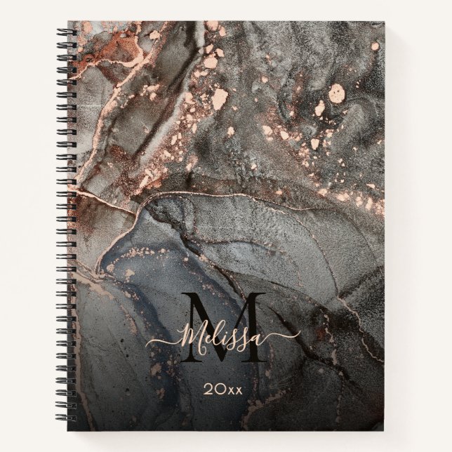 Cuaderno Rose Gold Gray Ink Marble Monogram  (Anverso)