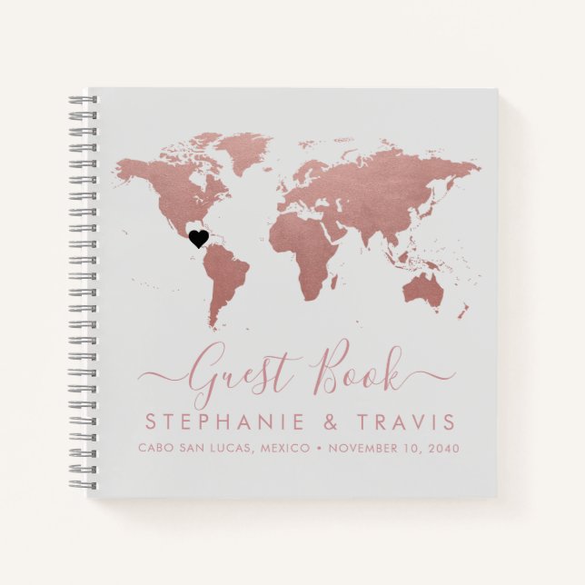 Cuaderno Rose Gold World Map Heart Destination Guest Book (Anverso)
