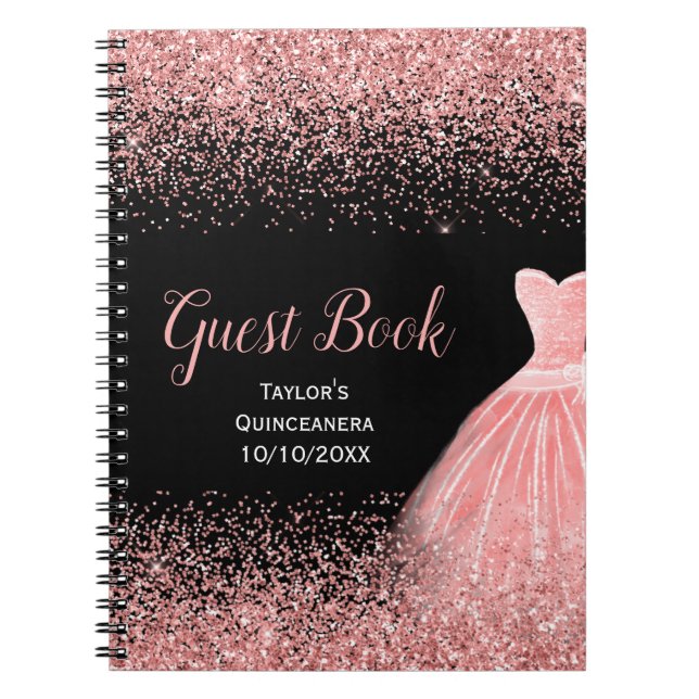 Cuaderno Rose Pink Dress Faux Glitter Quinceanera guest (Frente)