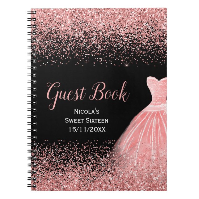 Cuaderno Rose Pink Dress Faux Glitter Sweet 16 Guest Book (Frente)