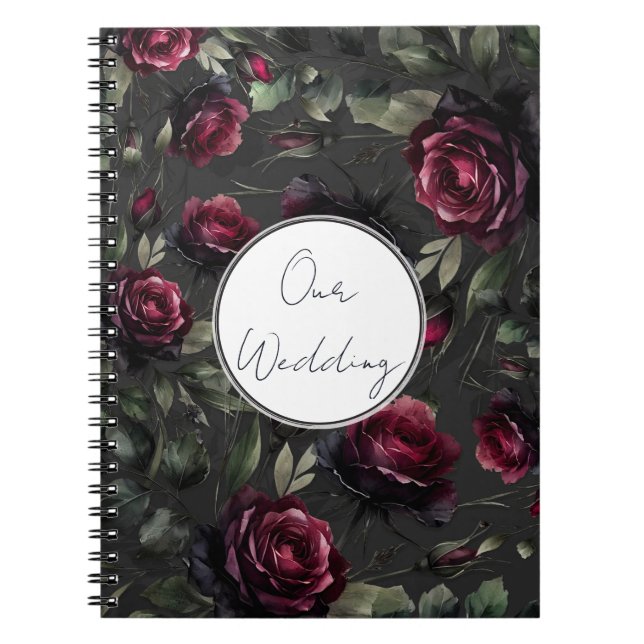Cuaderno Roses rojos burdeos Boda floral gris oscuro (Frente)
