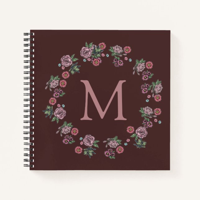 Cuaderno Roses rosados bonito Wreath Monograma Borgoña (Anverso)