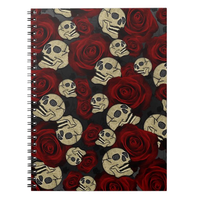 Cuaderno Roses y cráneos rojos Gris Floral Negra Gótica (Frente)