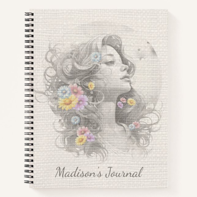 Cuaderno Rostro de Mujer con Flores Efecto Arpillera (Anverso)