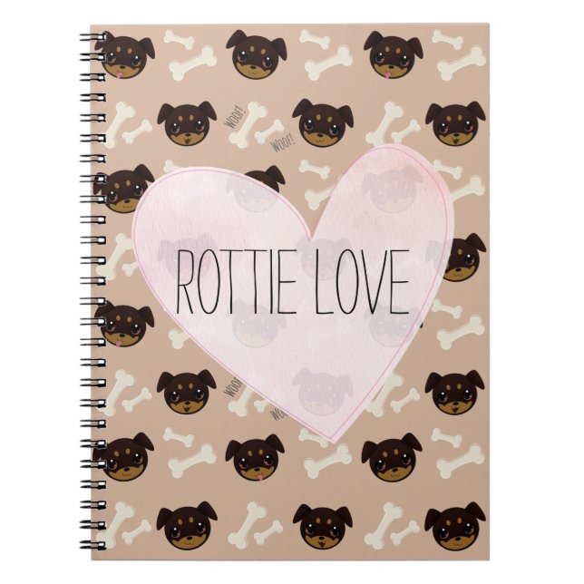 Cuaderno Rottie Love Cute Rottweiler Puppy & Bones Pattern (Frente)