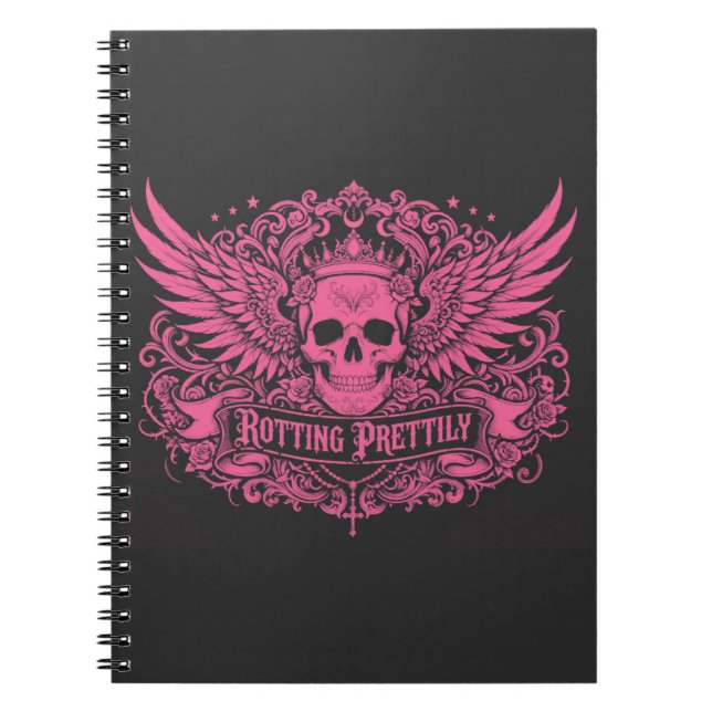 Cuaderno Rotting Prettily — Pink Skull Crown Wings Gothic (Frente)