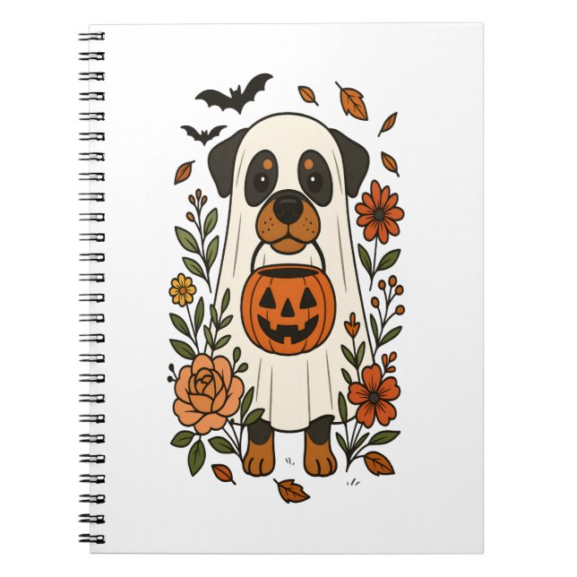 Cuaderno Rottweiler de Halloween con flores (Frente)