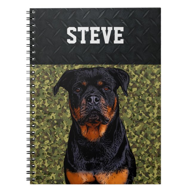 Cuaderno Rottweiler Dog Camo Nombre animal Guay Rugged Pupp (Frente)