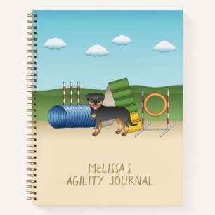 Cuaderno Rottweiler negro y fuego con equipo de agilidad